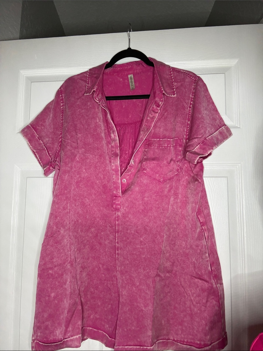Zenana Outfitters Hot Pink Mineral-Wash Shirt Dress
